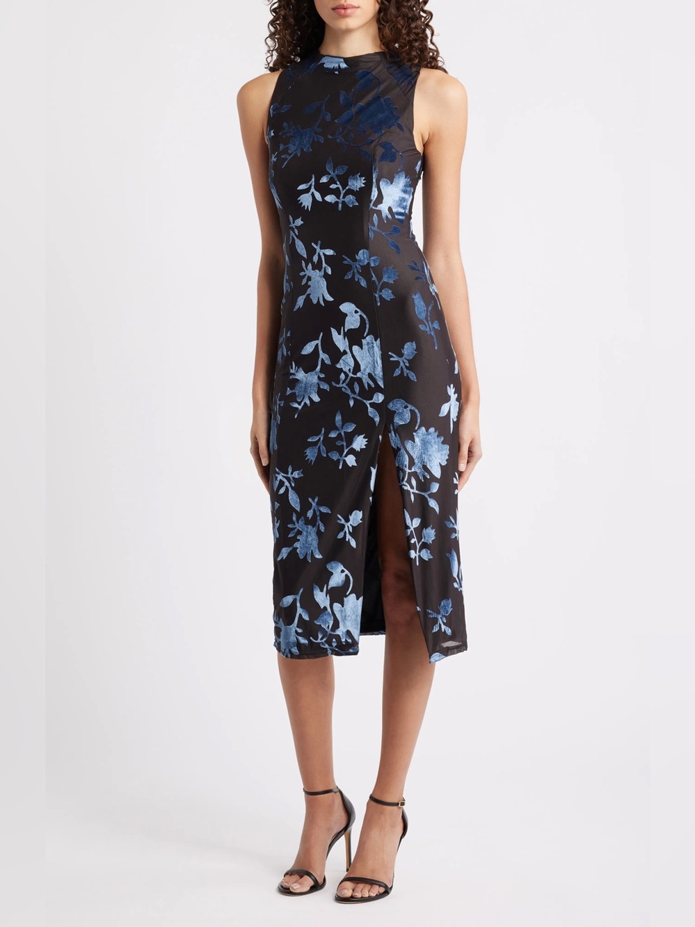 Hutch Darby Black Midi Dress with Blue Floral Velvet Burnout